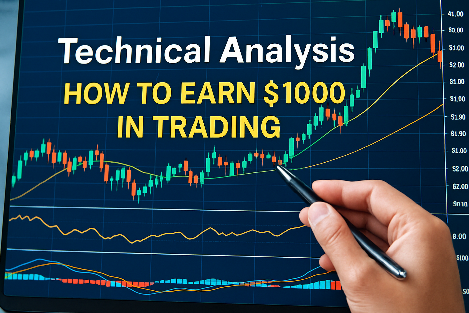 Computer screen with technical analysis chart, candlesticks, trend lines, and indicators with a hand pointing at the chart