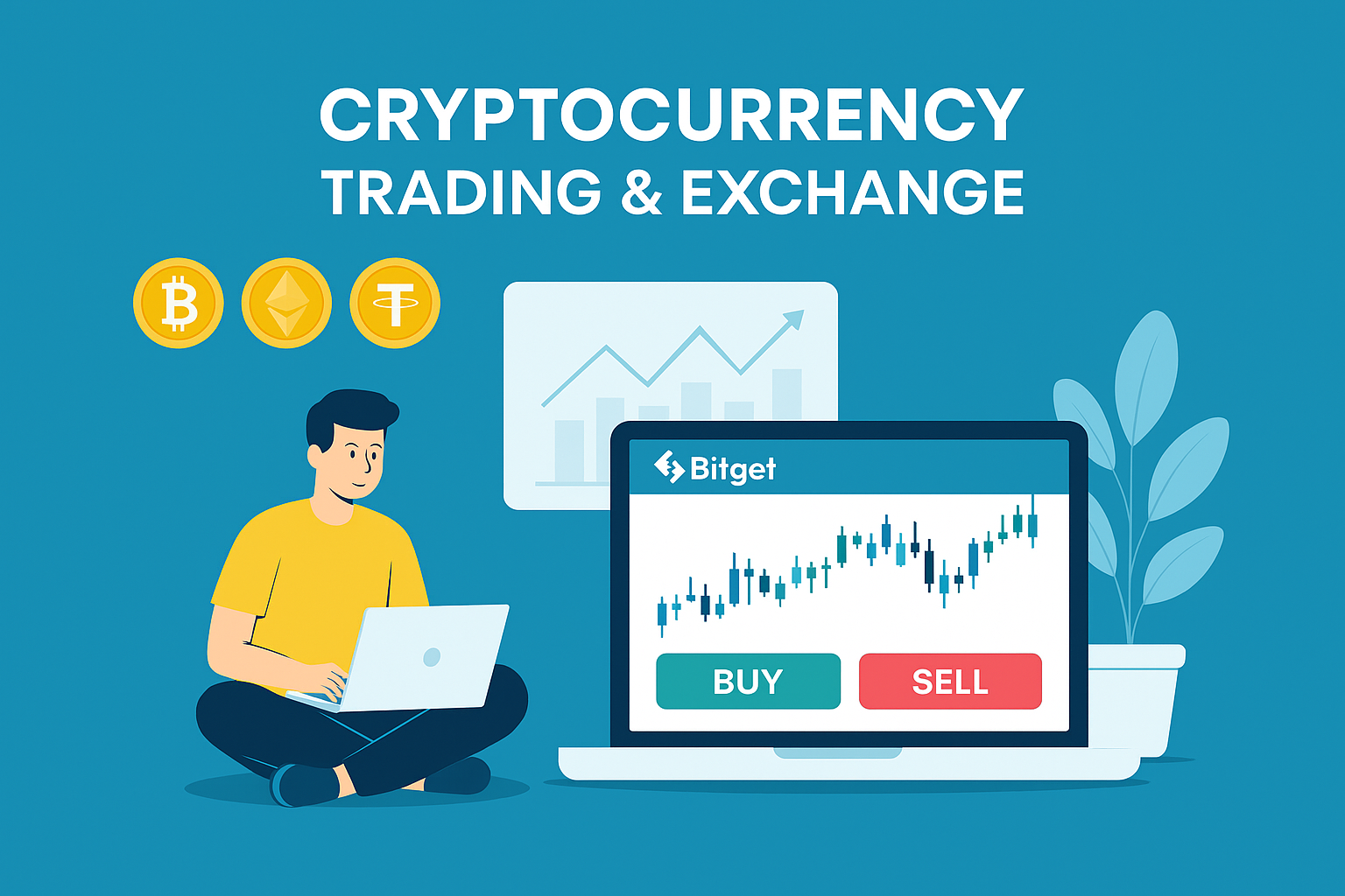  A flat-style digital illustration provides an overview of crypto trading, featuring charts, coins, and traders analyzing data on large digital screens.