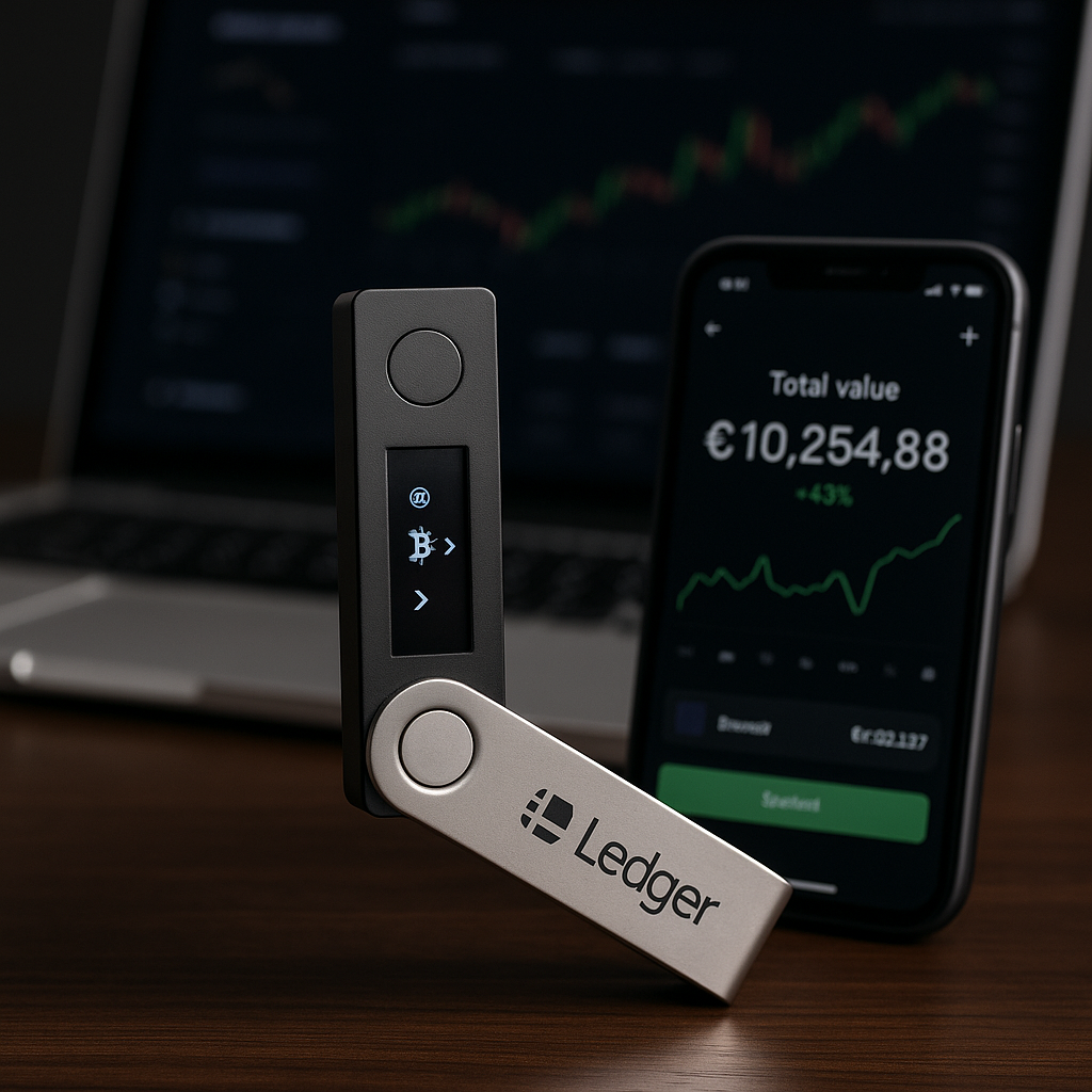 A photograph showcases a Ledger Nano X cryptocurrency hardware wallet placed on a wooden surface, surrounded by coins and a smartphone, highlighting secure digital asset storage.