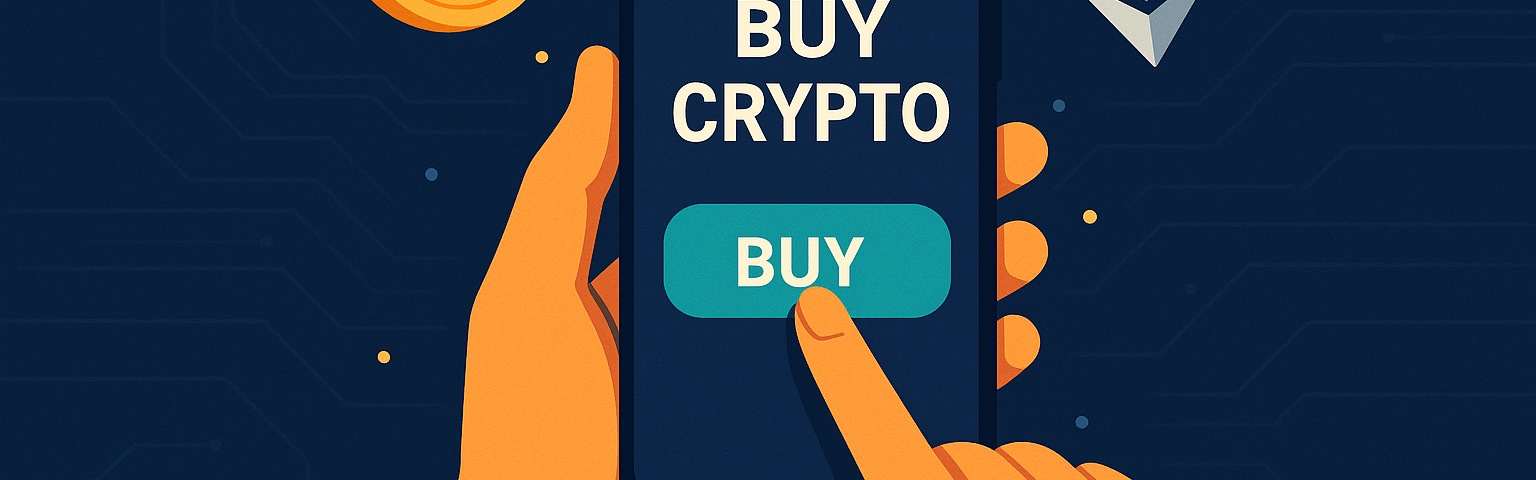 A digital illustration showing a person buying cryptocurrency on a smartphone, with floating Bitcoin and Ethereum symbols, representing modern online investment.