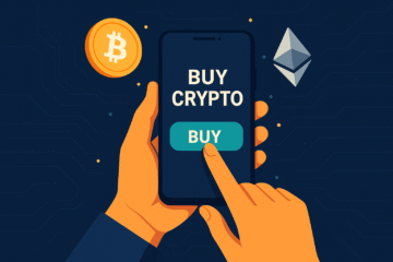 A digital illustration showing a person buying cryptocurrency on a smartphone, with floating Bitcoin and Ethereum symbols, representing modern online investment.