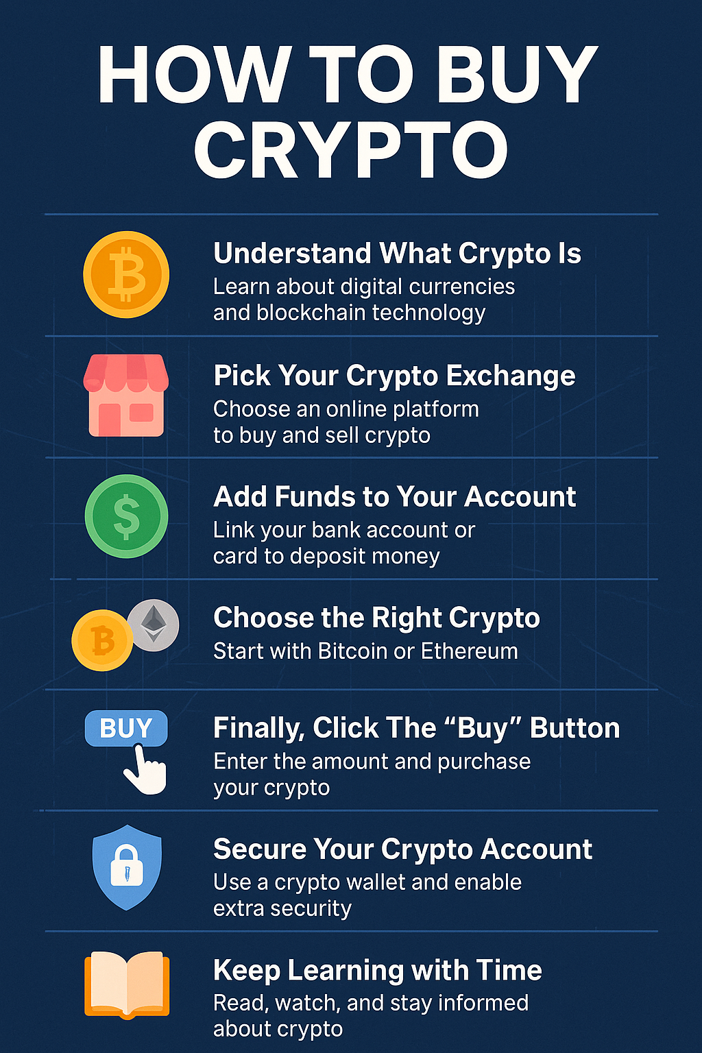 Infographic showing a 7-step beginner's guide on how to buy cryptocurrency