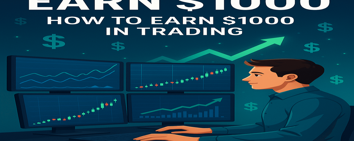 Feature image showing trading charts and upward financial growth with text: How to Earn $1000 in Trading