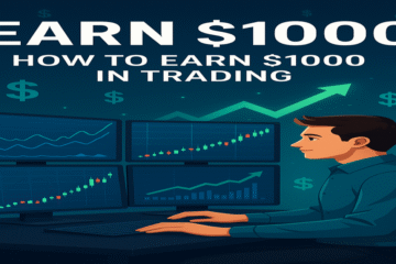 Feature image showing trading charts and upward financial growth with text: How to Earn $1000 in Trading