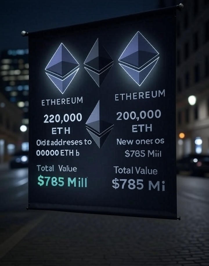 Blockchain diagram showing transfer of 200,000 ETH from dormant wallets after 8 years of inactivity