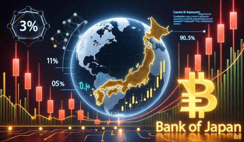 Bank of Japan headquarters building with a chart showing the steady 0.5% interest rate