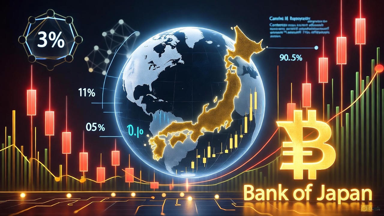 Bank of Japan headquarters building with a chart showing the steady 0.5% interest rate