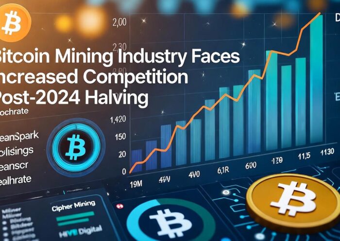 Bitcoin mining facility showing mining rigs with hashrate comparison chart between tier-1 and tier-2 miners
