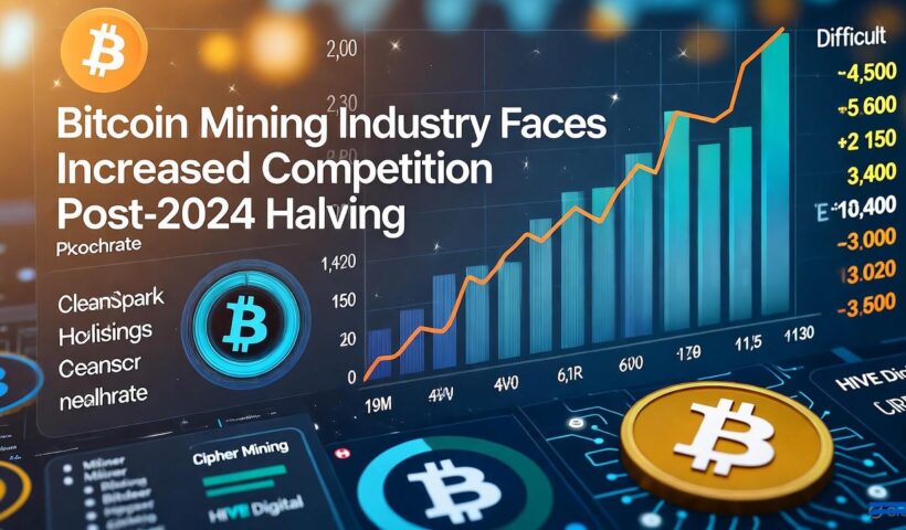 Bitcoin mining facility showing mining rigs with hashrate comparison chart between tier-1 and tier-2 miners