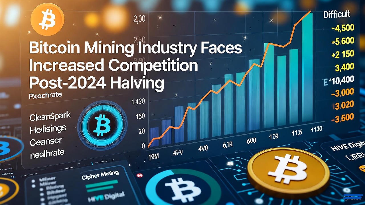 Bitcoin mining facility showing mining rigs with hashrate comparison chart between tier-1 and tier-2 miners