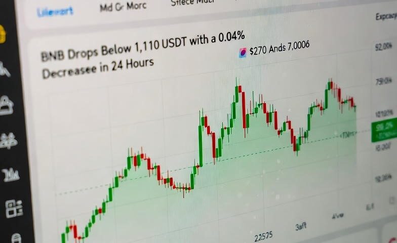 BNB price chart showing minimal 0.04% decline with price consolidating near $1,110 USDT level