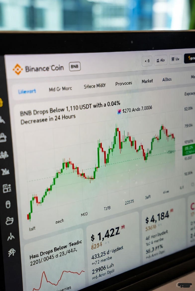 BNB price chart showing minimal 0.04% decline with price consolidating near $1,110 USDT level