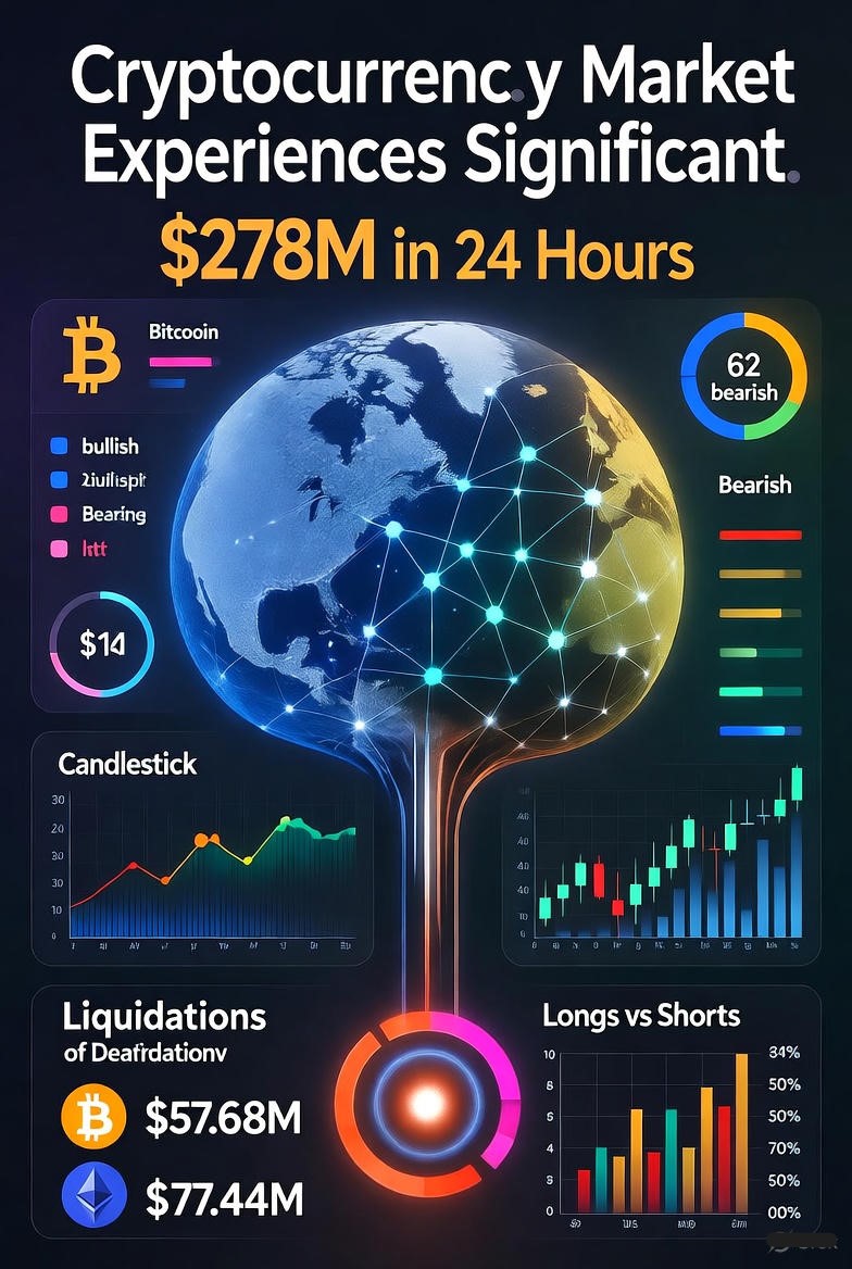 Cryptocurrency liquidation chart showing $278 million total with Bitcoin and Ethereum leading liquidation volumes