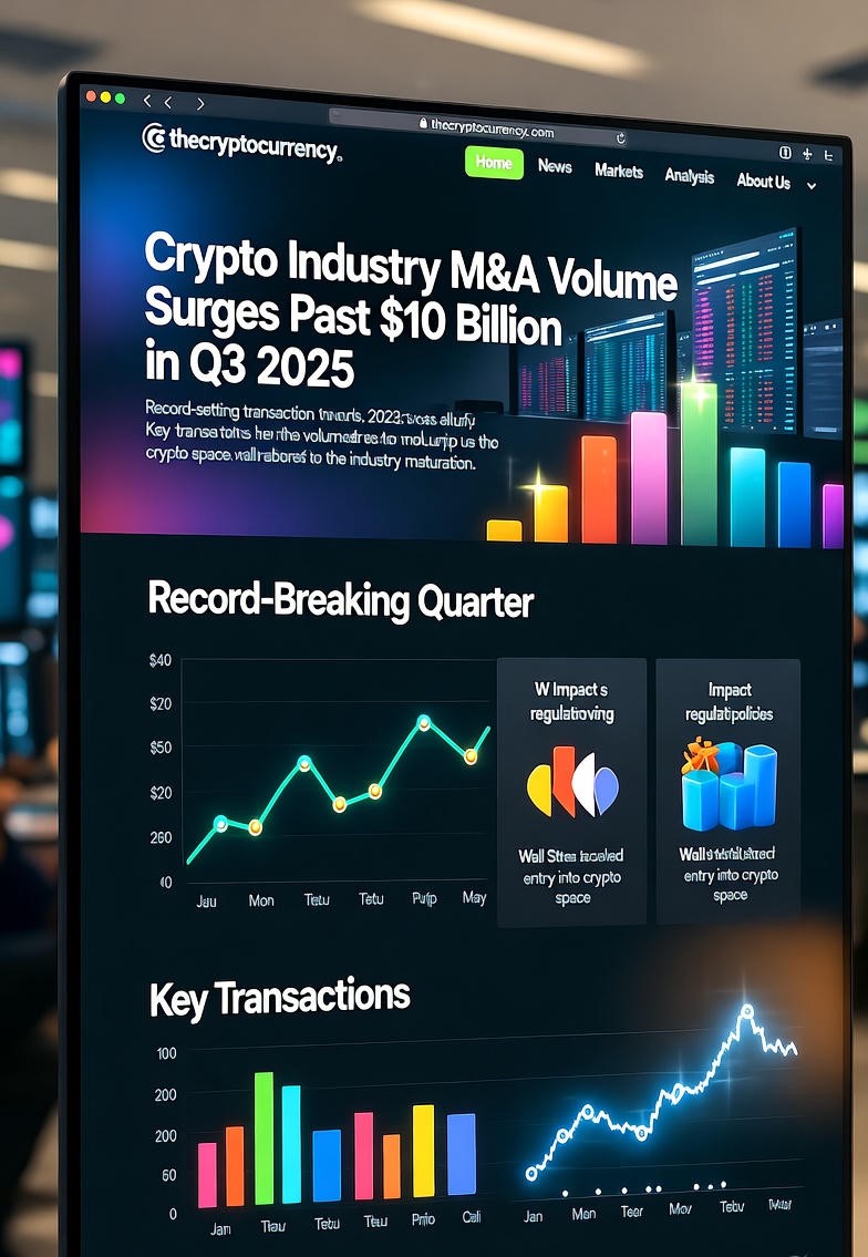 Chart showing cryptocurrency merger and acquisition volume surging to $10 billion in Q3 2025