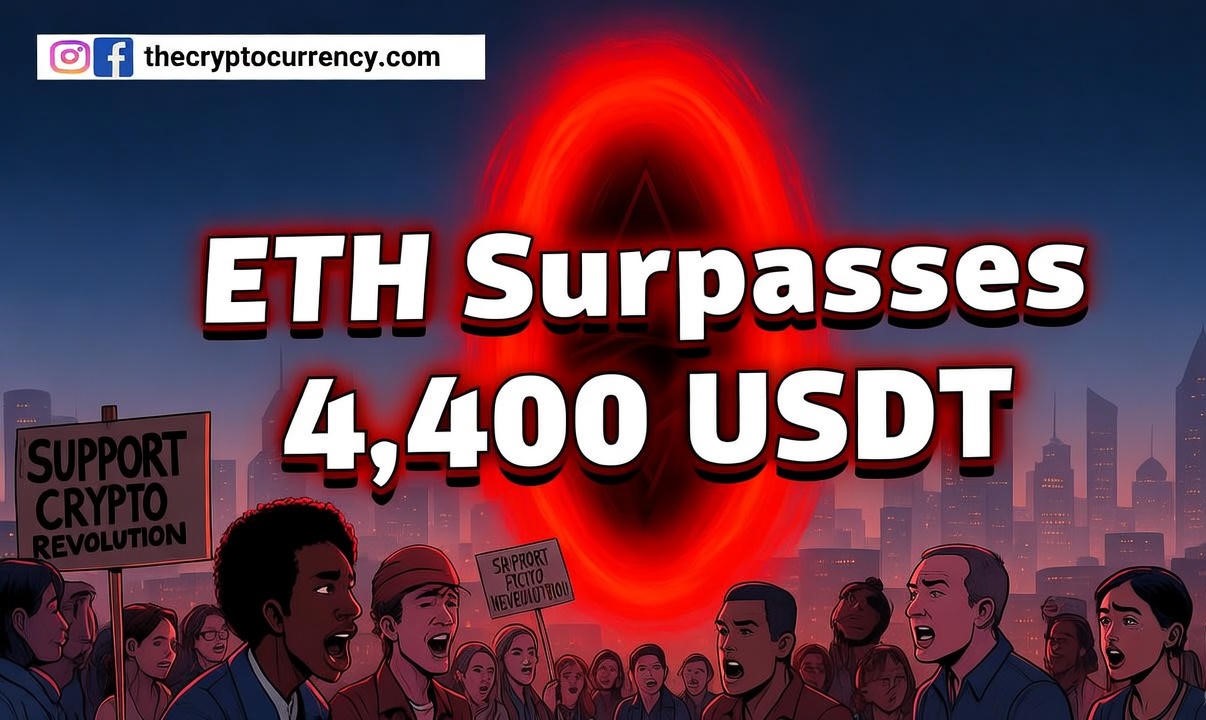 Ethereum price chart showing breakout above $4,400 USDT with 6.43% daily gain