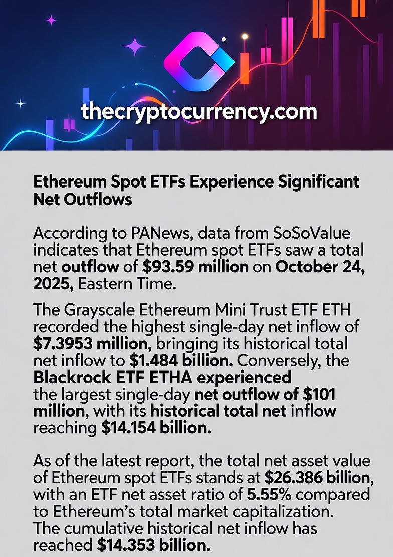 Ethereum spot ETF flow chart showing $93.59 million net outflow with BlackRock ETHA and Grayscale ETH performance