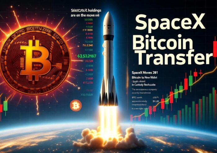 Illustration of a Bitcoin symbol moving towards a SpaceX rocket