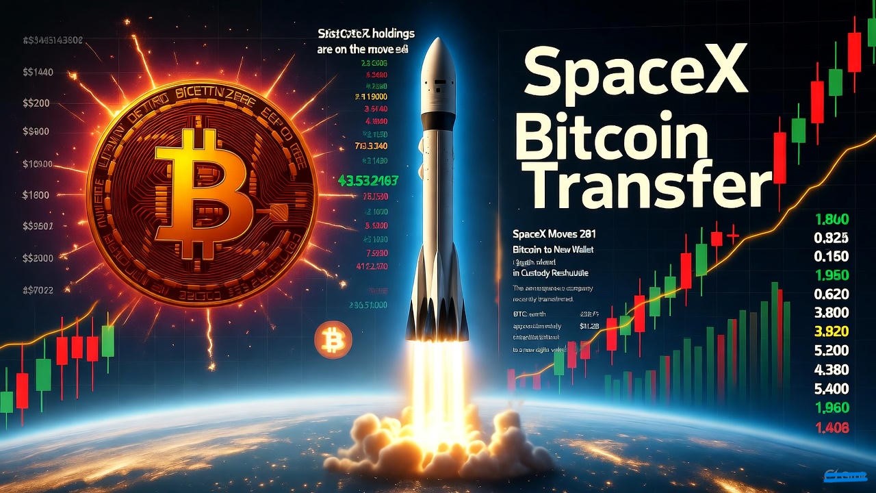 Illustration of a Bitcoin symbol moving towards a SpaceX rocket