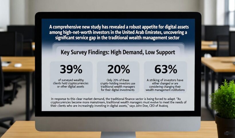 Chart showing statistics from UAE wealth management survey revealing 39% of high-net-worth investors hold digital assets while 63% consider switching firms.