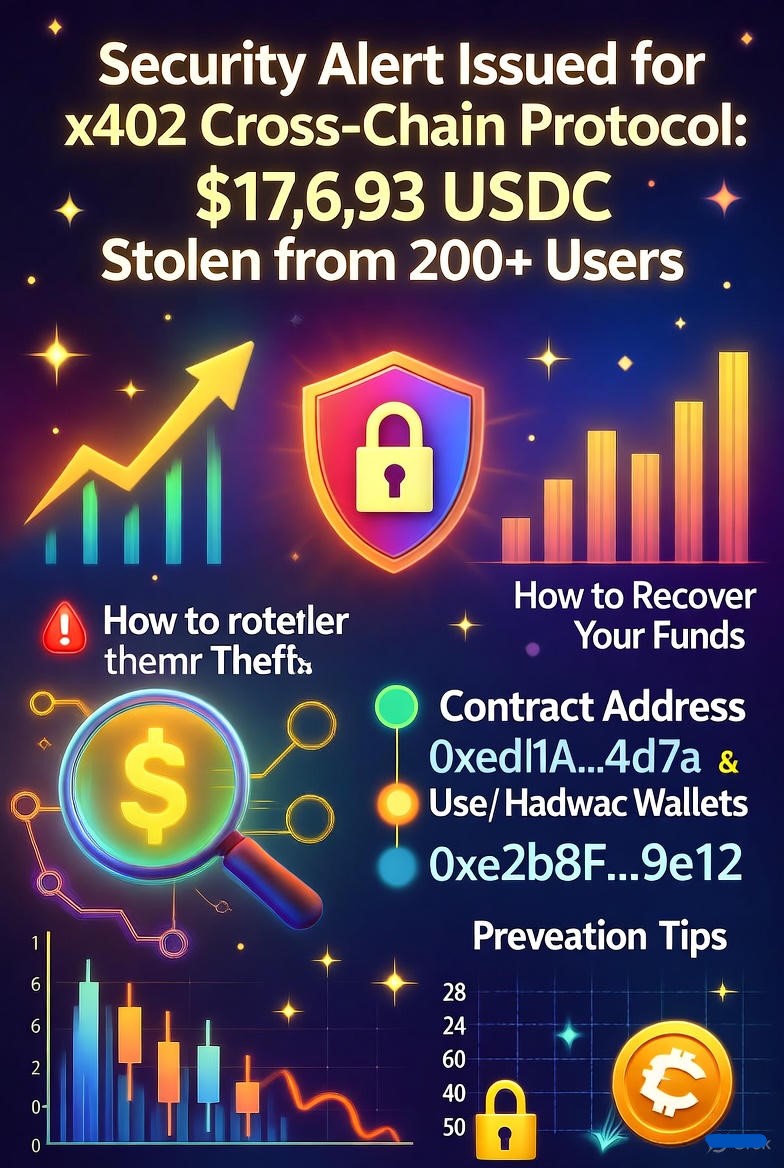 Security alert warning for x402 cross-chain protocol showing fund flow from exploit to Arbitrum network