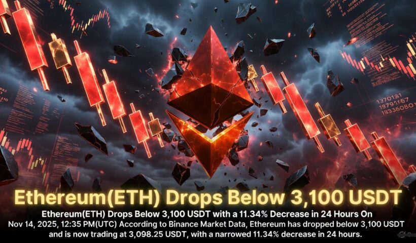 Ethereum price chart showing an 11.3% drop below the $3,100 support level on November 14, 2025