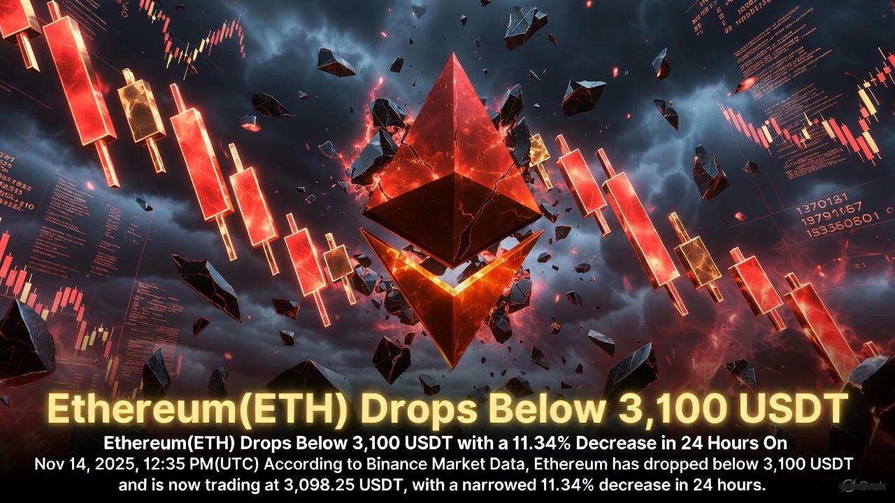 Ethereum price chart showing an 11.3% drop below the $3,100 support level on November 14, 2025