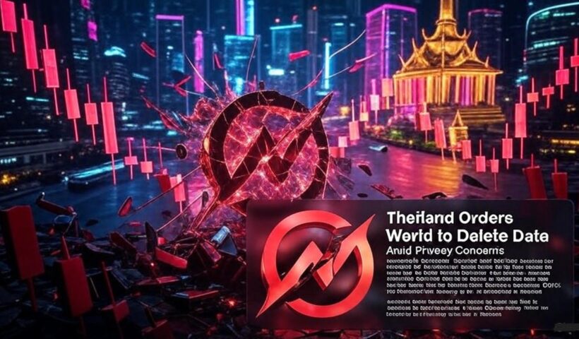 World Coin logo with a banned symbol over a map of Thailand
